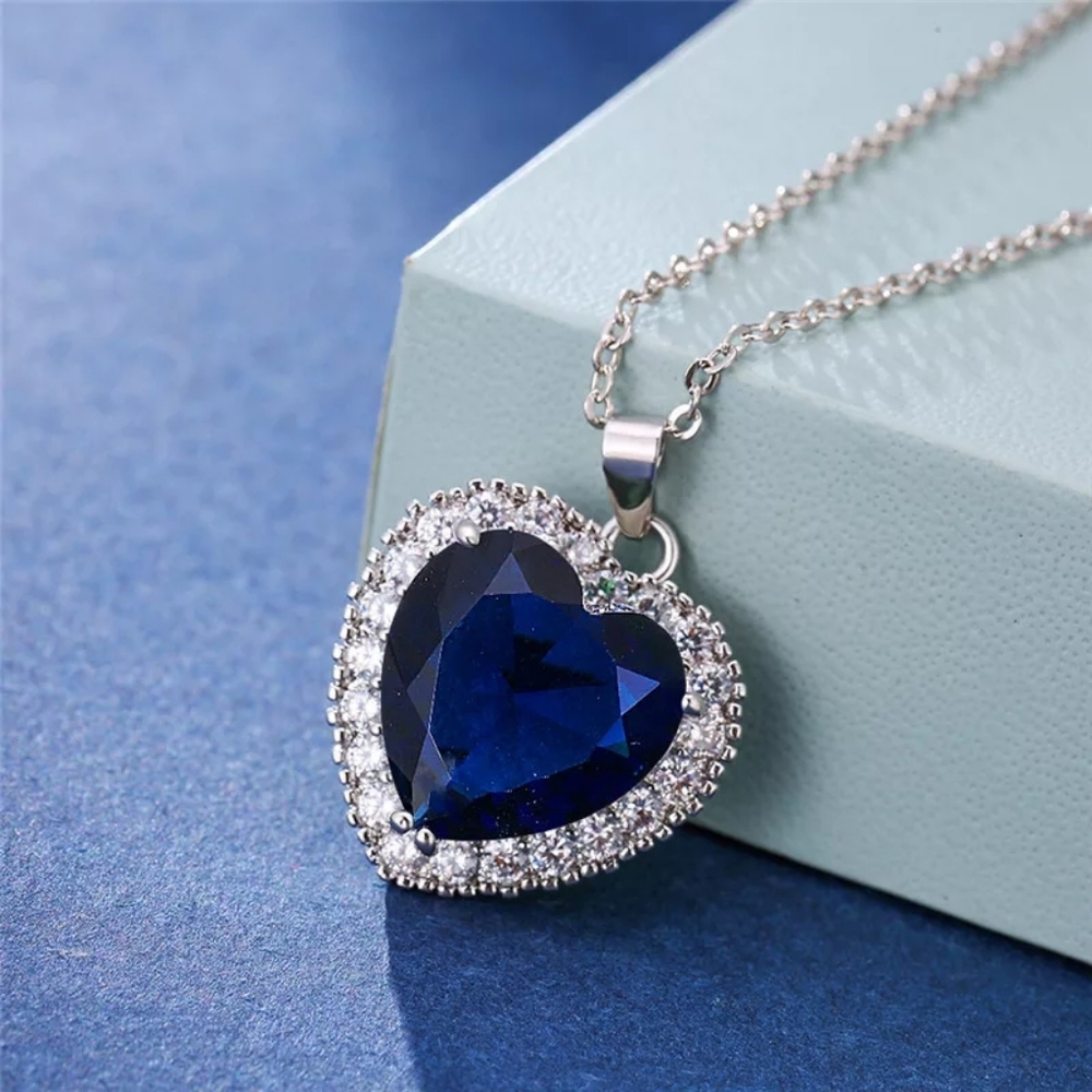 Classic Silver Ocean Heart Blue Crystal Necklace, Never Used
